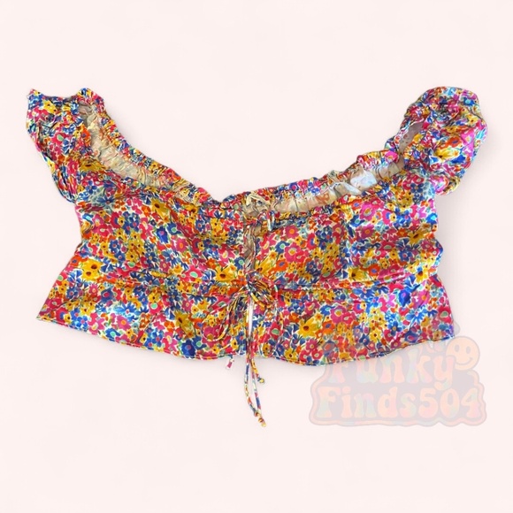 For Love & Lemons Sasha Floral Ruffle Tie Front Crop Top Size L Silk-Blend Satin - Picture 2 of 7